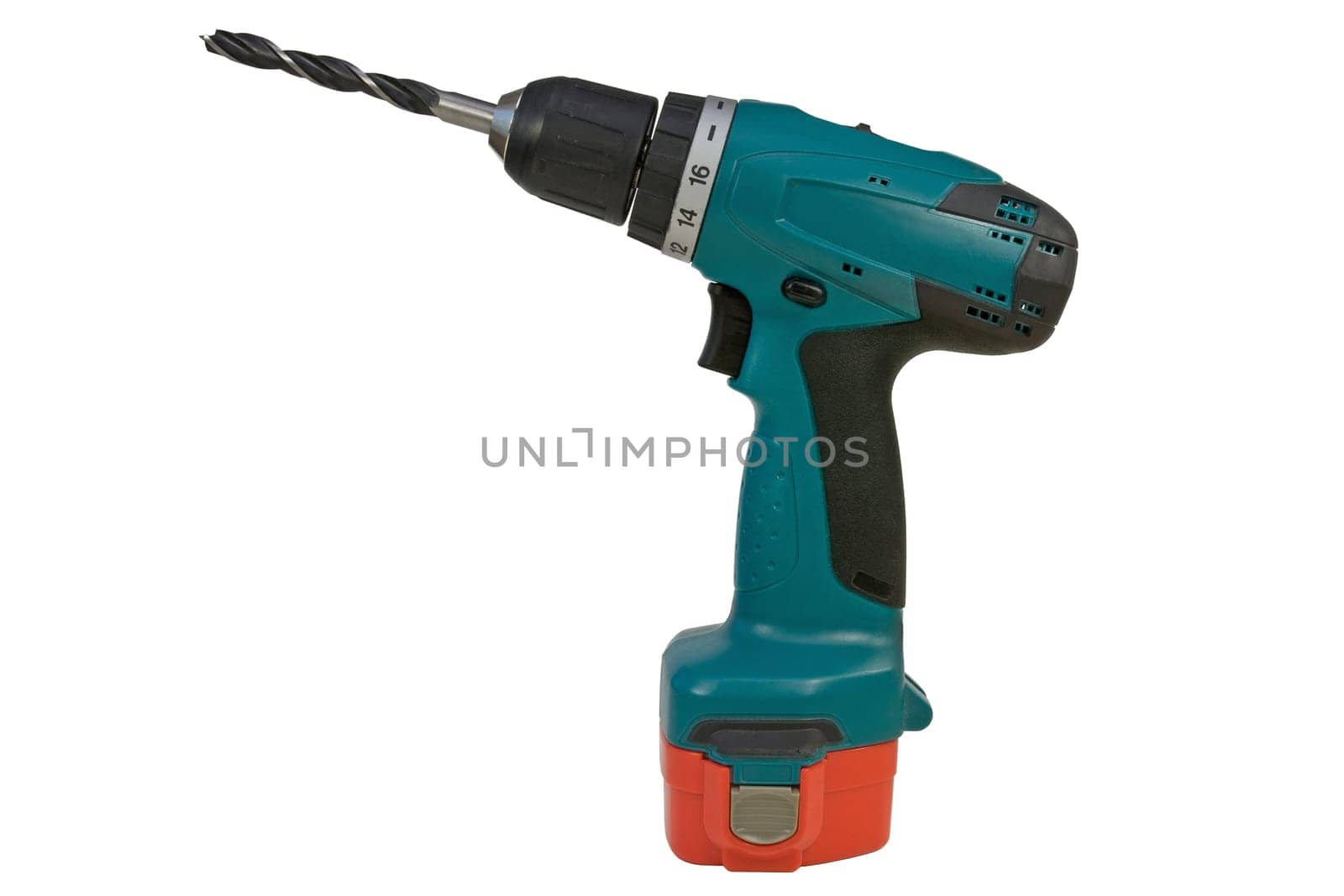 Battery powered cordless drill isolated on white background