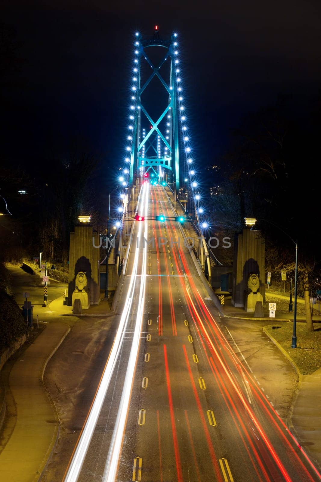 Light Trails on Lions Gate Bridge in Vancouver BC Canada at Night