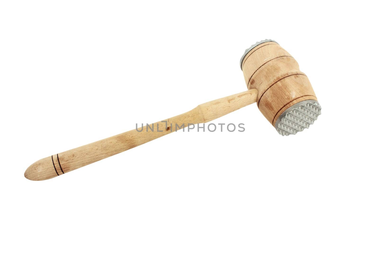Used wooden meat hammer isolated on white