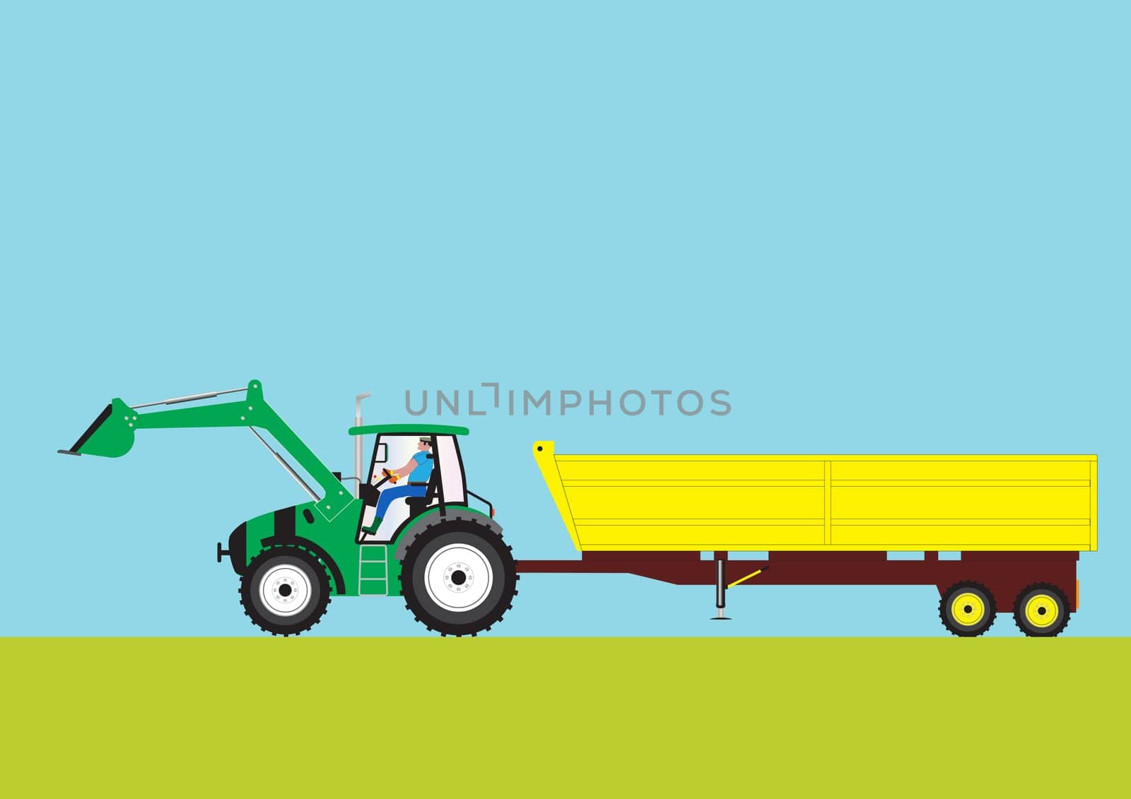 A Green Farm Tractor pulling a large Yellow Trailer