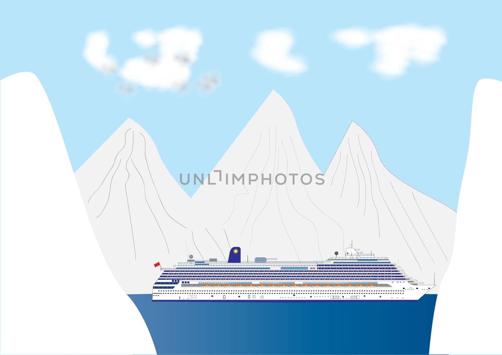 A Blue and White Cruise Liner in a Fjord surrounded by a Snow Landscape