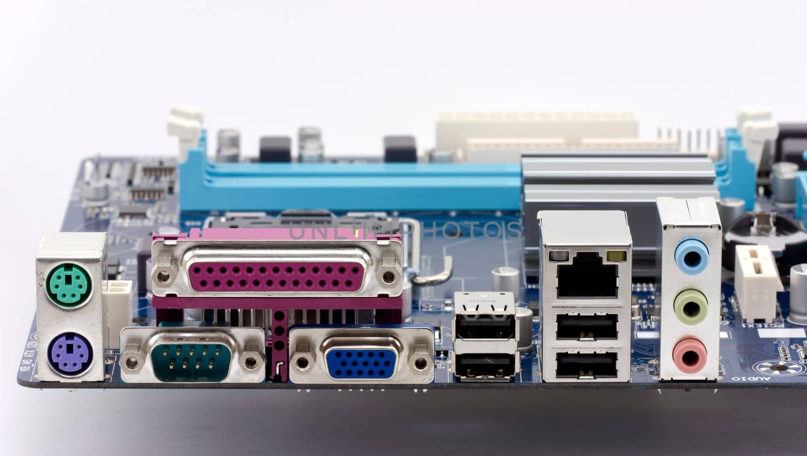 back panel connectors of the modern computer motherboard