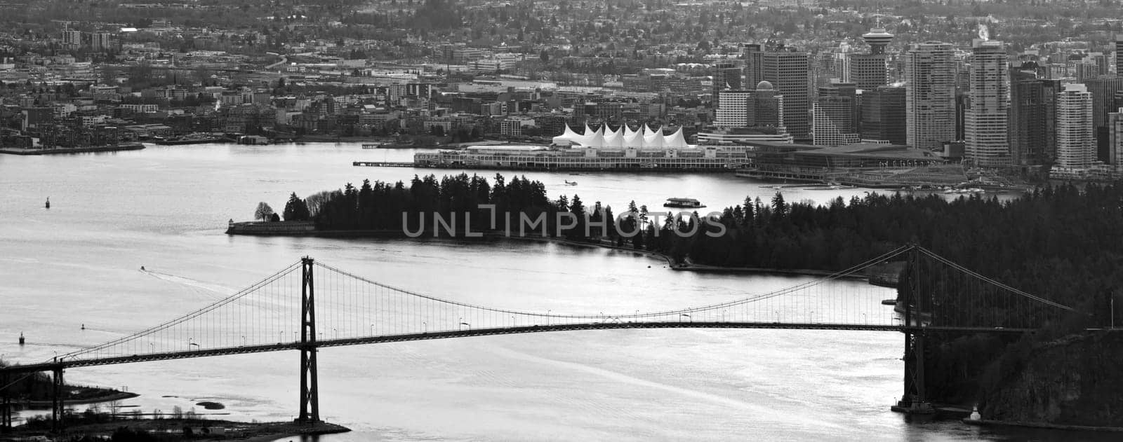 Vancouver BC Canada City Skyline and Lions Gate Bridge Aerial Panorama