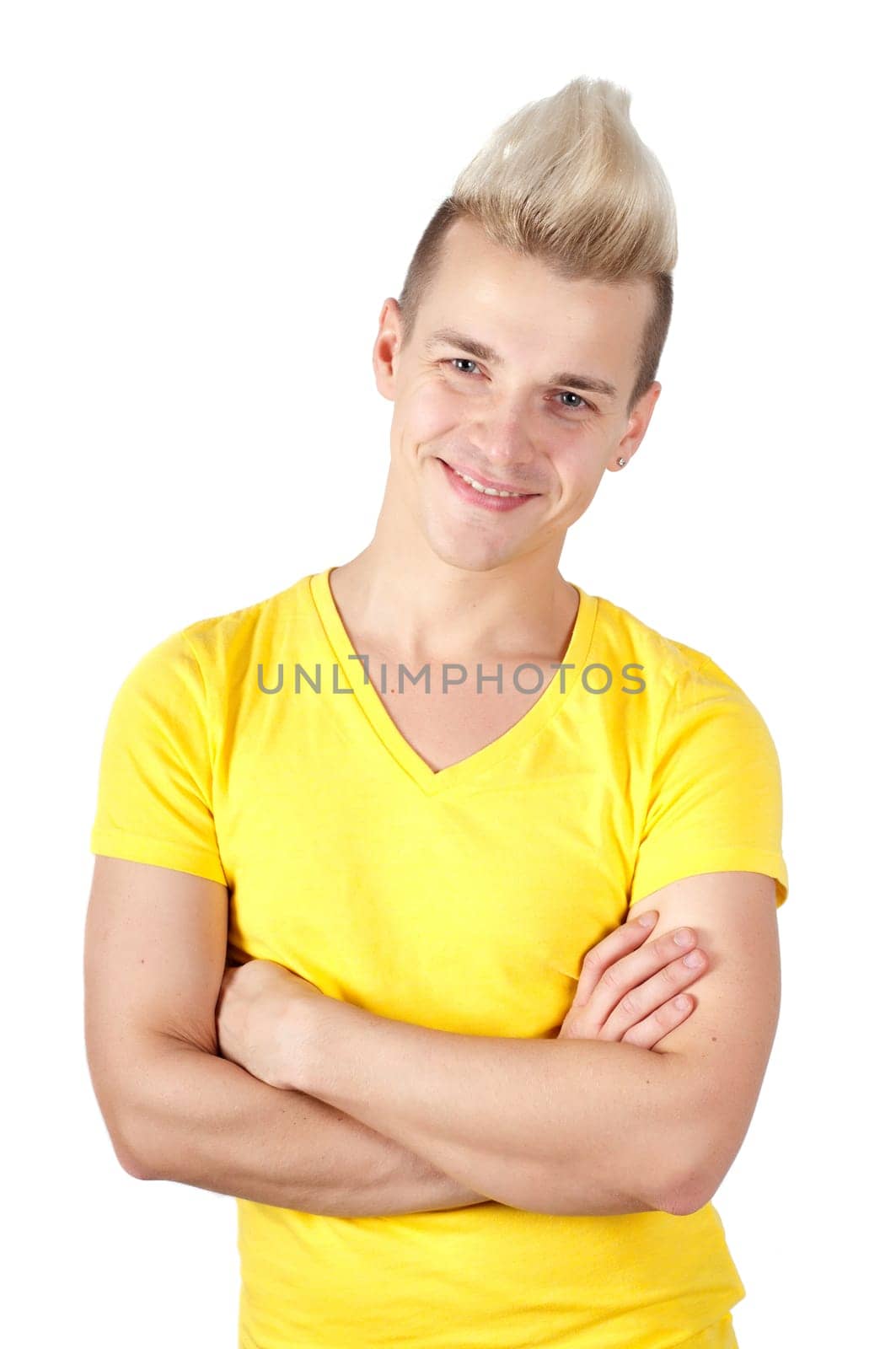Young man with hands folded on white