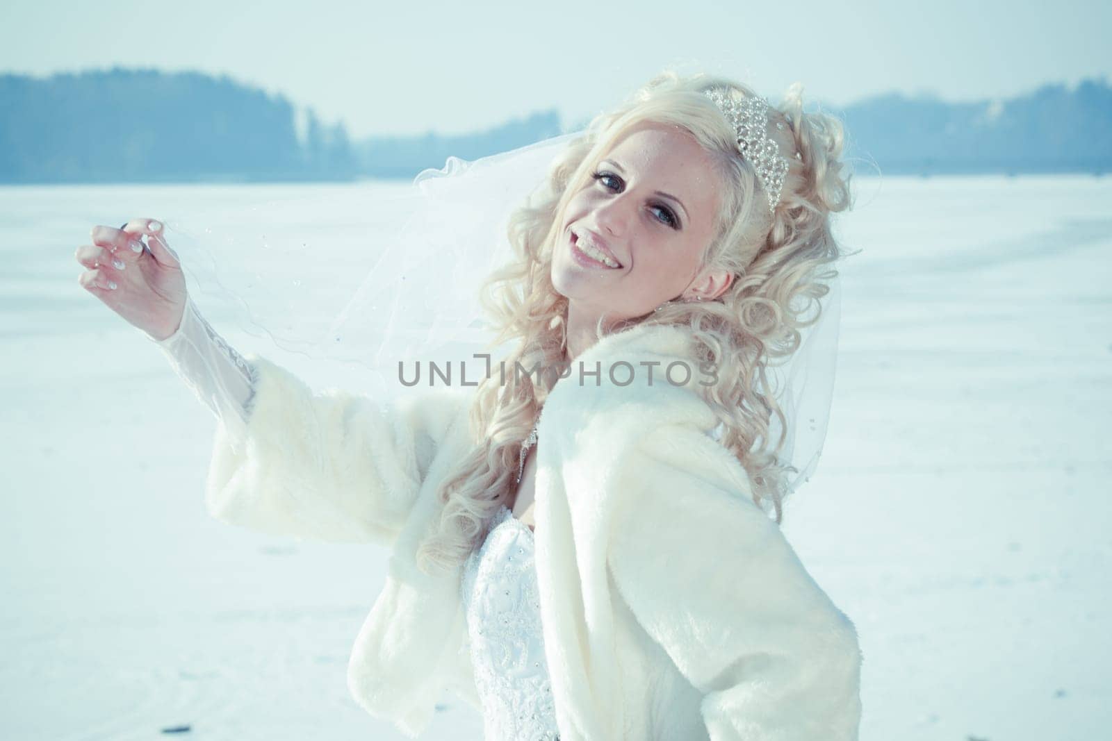 Beautiful bride in the winter forest. Beautiful blonde.