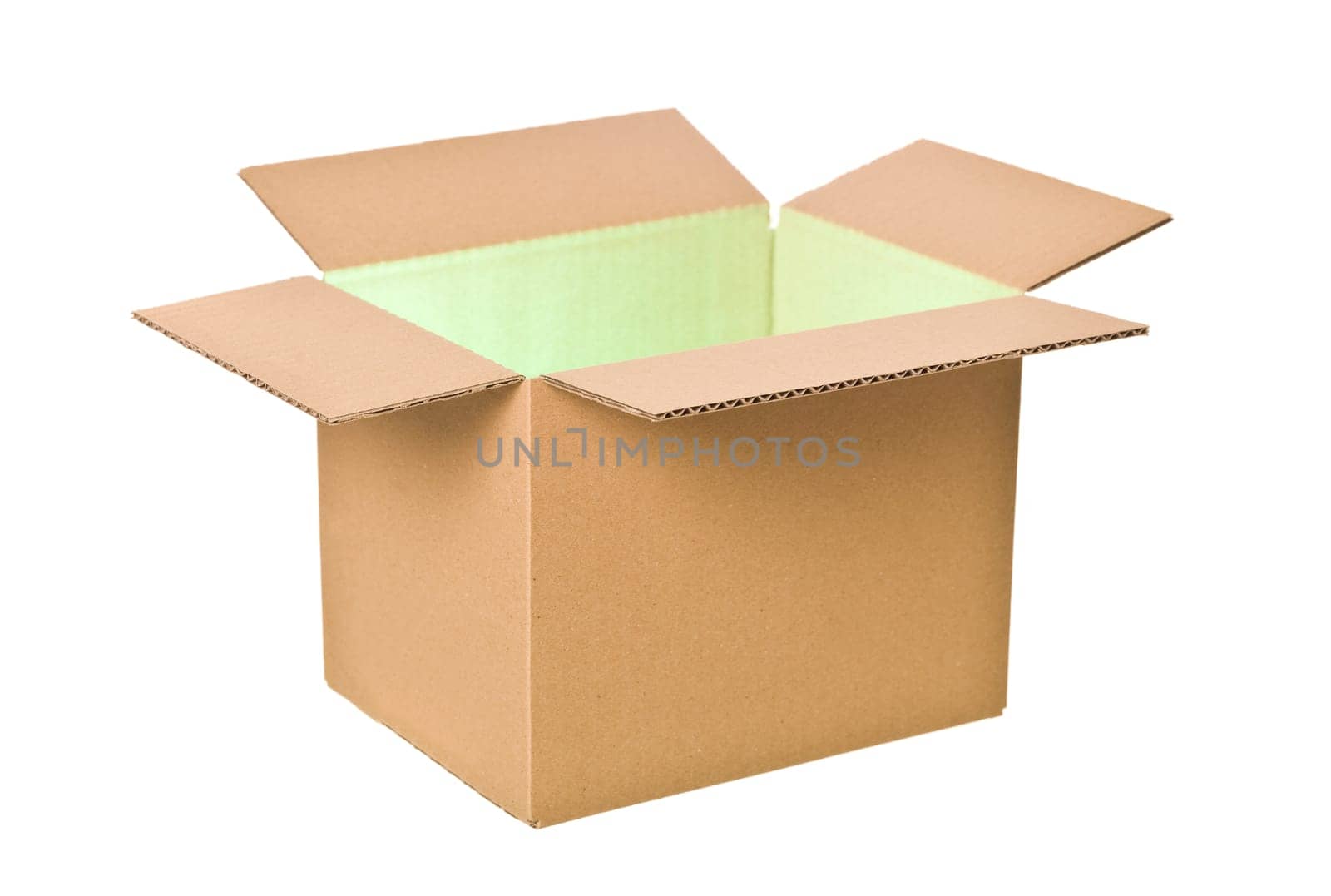 Open Cardboard Box with green light isolated on white background