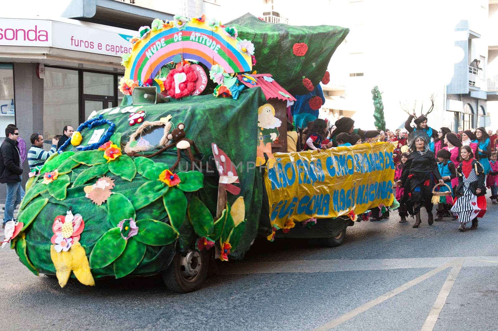 OUREM, PORTUGAL - FEBRUARY 19: unidentified people perform at the Carnival Parade on February 19, 2012 in Ourem, Portugal. The traditional yearly Parede was held during the afternoon.
