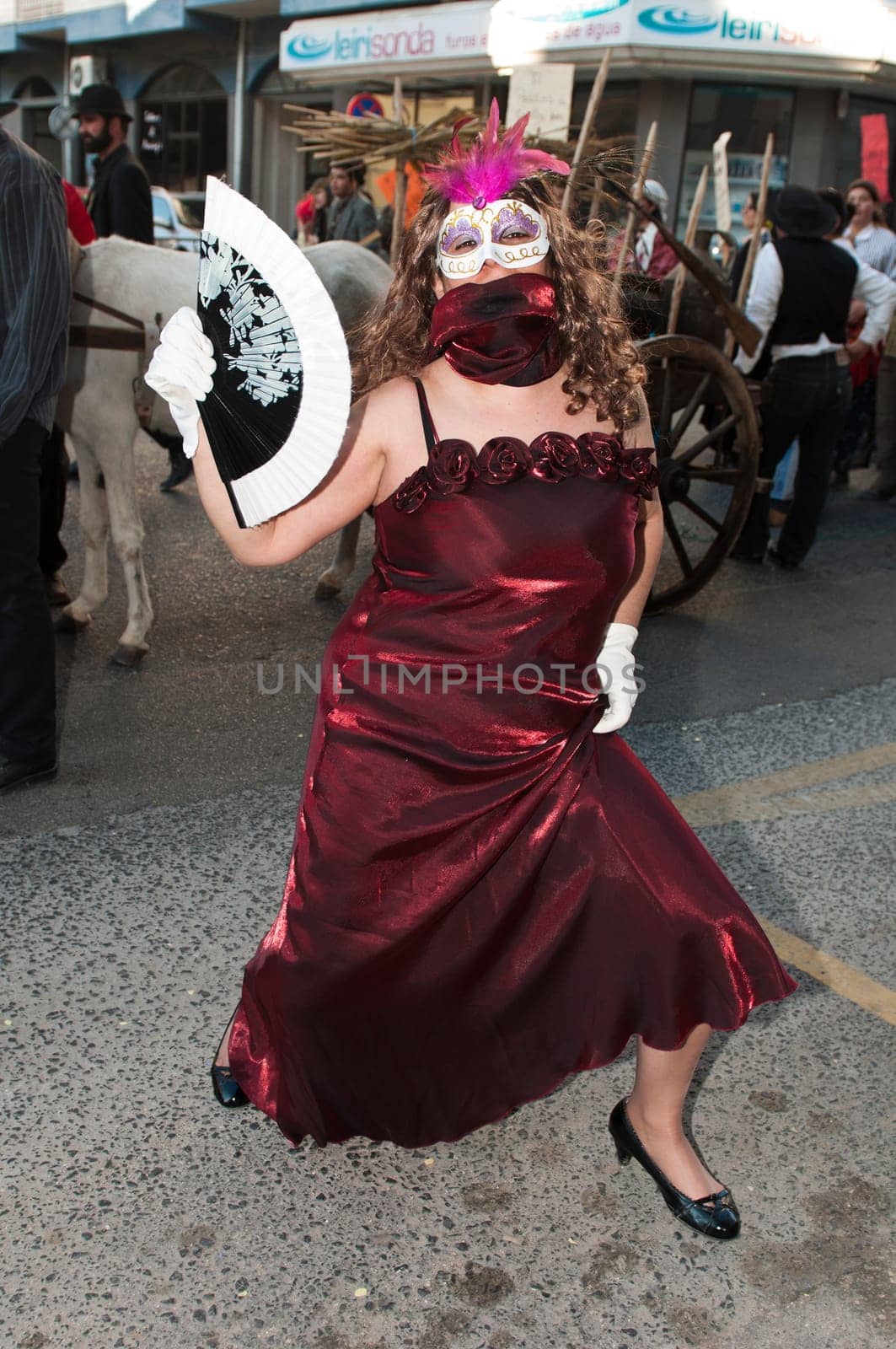 OUREM, PORTUGAL - FEBRUARY 19: unidentified people perform at the Carnival Parade on February 19, 2012 in Ourem, Portugal. The traditional yearly Parede was held during the afternoon.