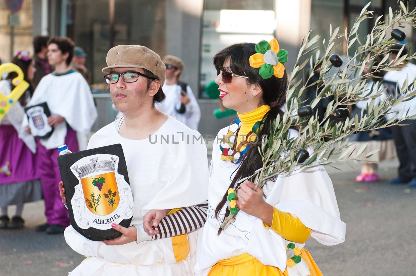 OUREM, PORTUGAL - FEBRUARY 19: unidentified people perform at the Carnival Parade on February 19, 2012 in Ourem, Portugal. The traditional yearly Parede was held during the afternoon.
