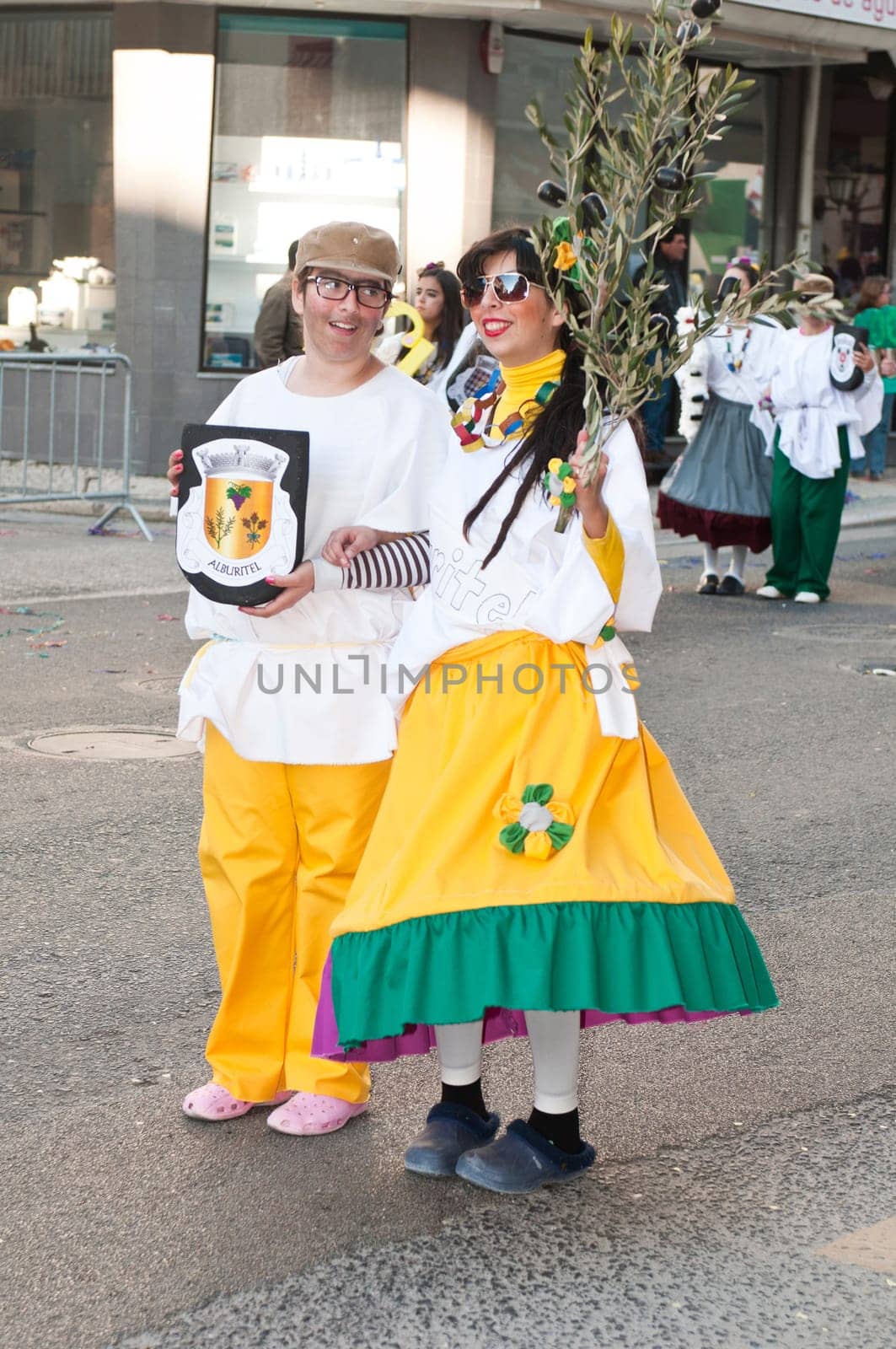 OUREM, PORTUGAL - FEBRUARY 19: unidentified people perform at the Carnival Parade on February 19, 2012 in Ourem, Portugal. The traditional yearly Parede was held during the afternoon.