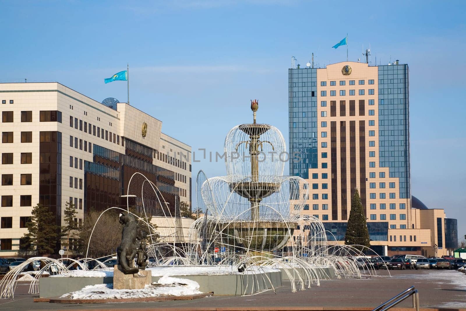 Government buildings and fountains. Astana, capitalof Kazakhstan.