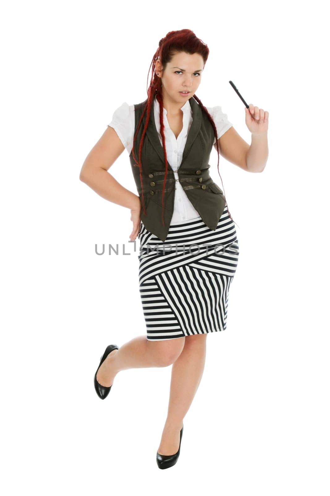 Modern beautiful secretary with pen in striped skirt isolated on white background