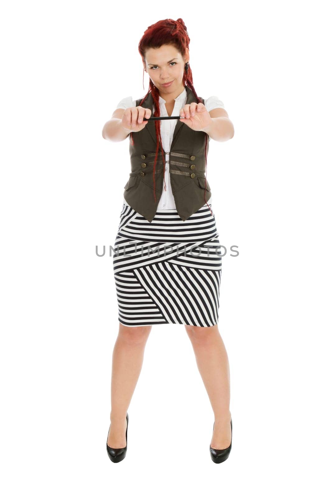 Modern girl with pen in striped skirt isolated on white background