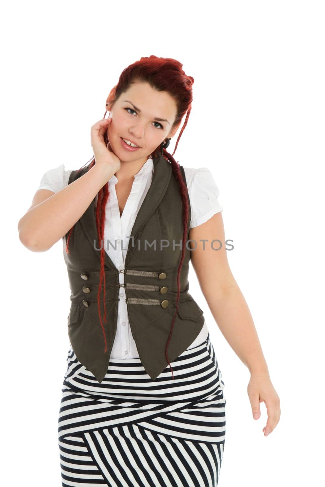 Modern beautiful woman in vest and striped skirt isolated on white background