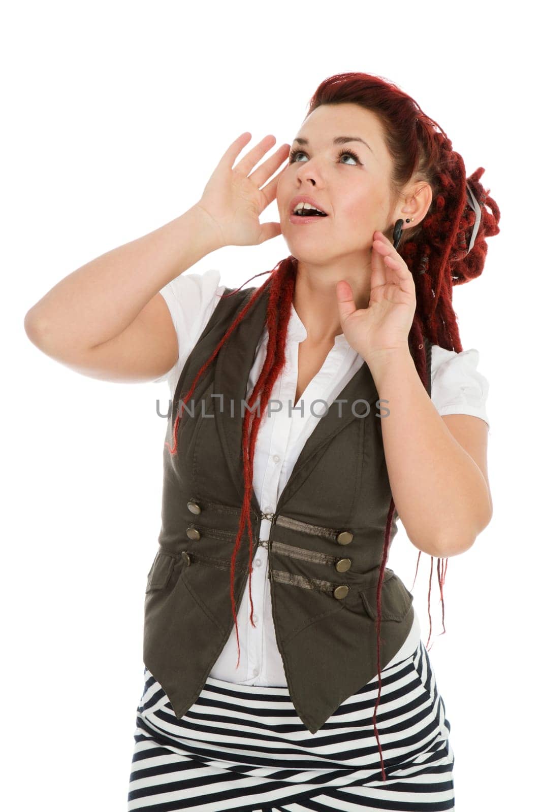 Surprised beautiful woman wearing vest isolated on white background