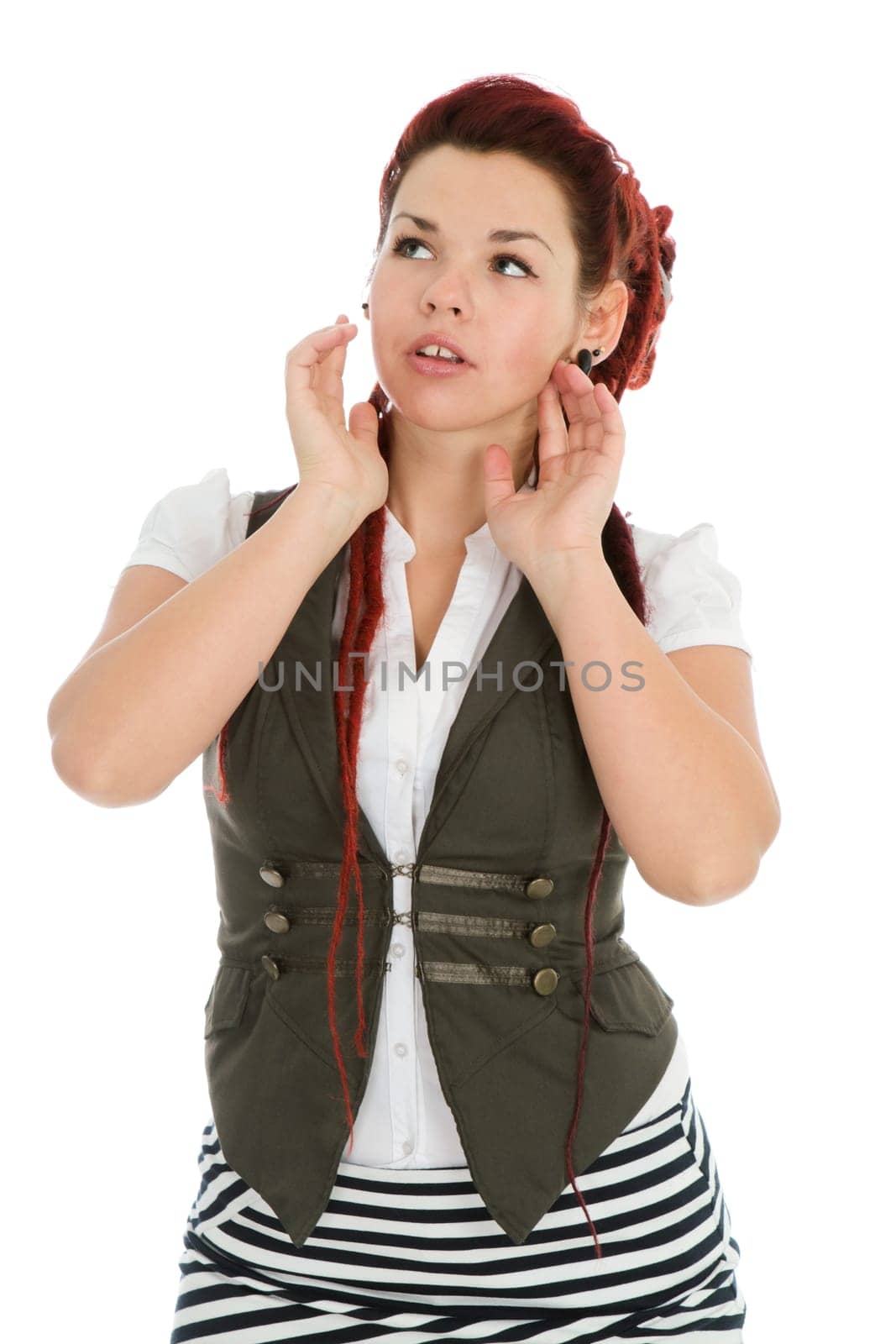 Modern beautiful woman wearing vest isolated on white background