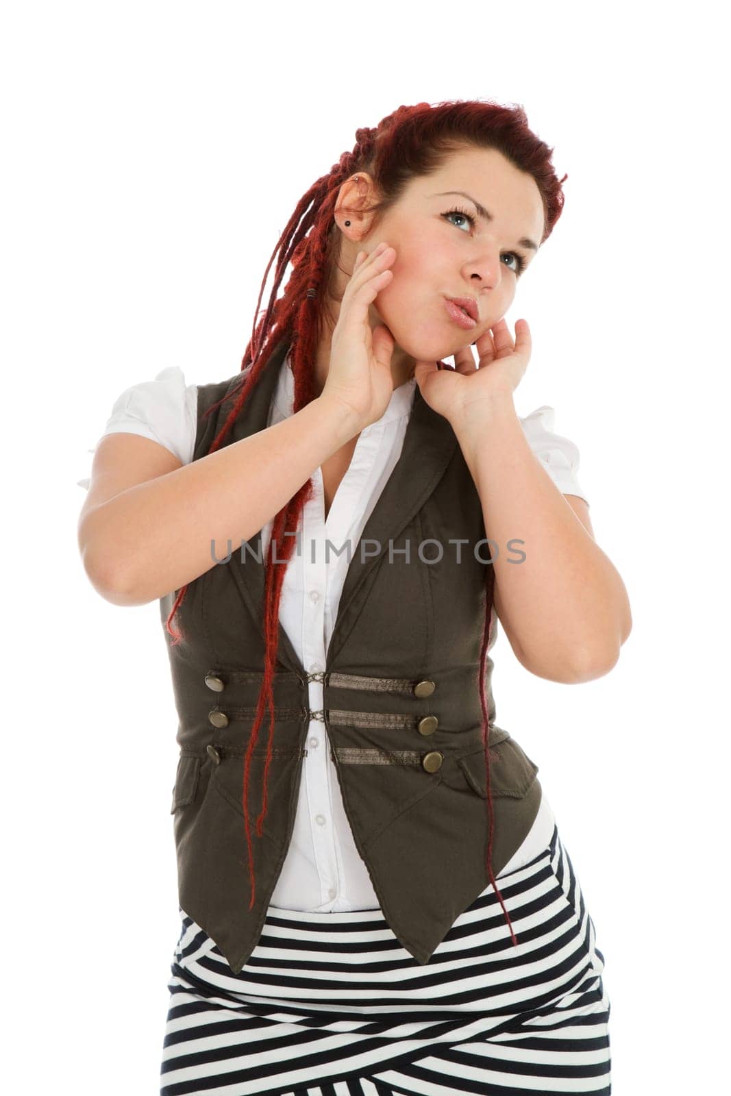Surprised beautiful woman wearing vest isolated on white background