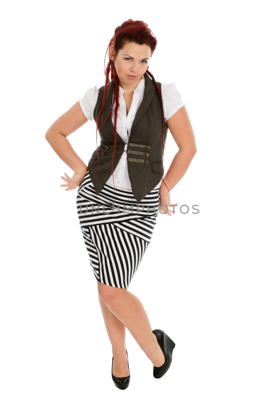 Modern beautiful woman wearing striped skirt isolated on white background