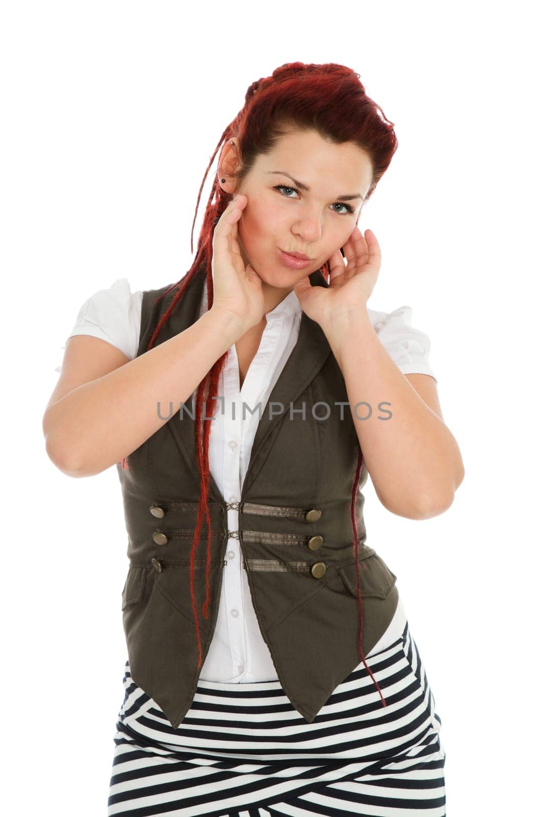 Modern beautiful girl sending kiss isolated on white background