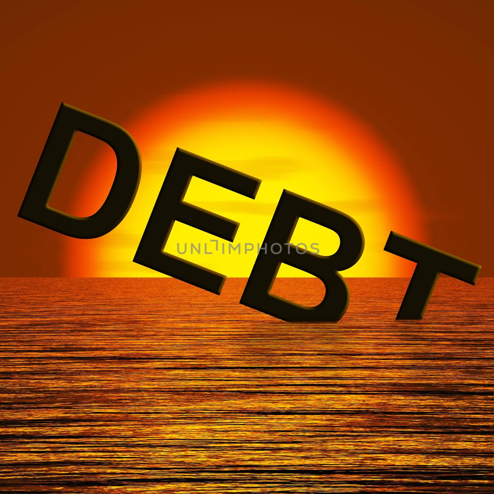 Debt Word Sinking In The Sea Showing Bankruptcy Poverty And Being Broke