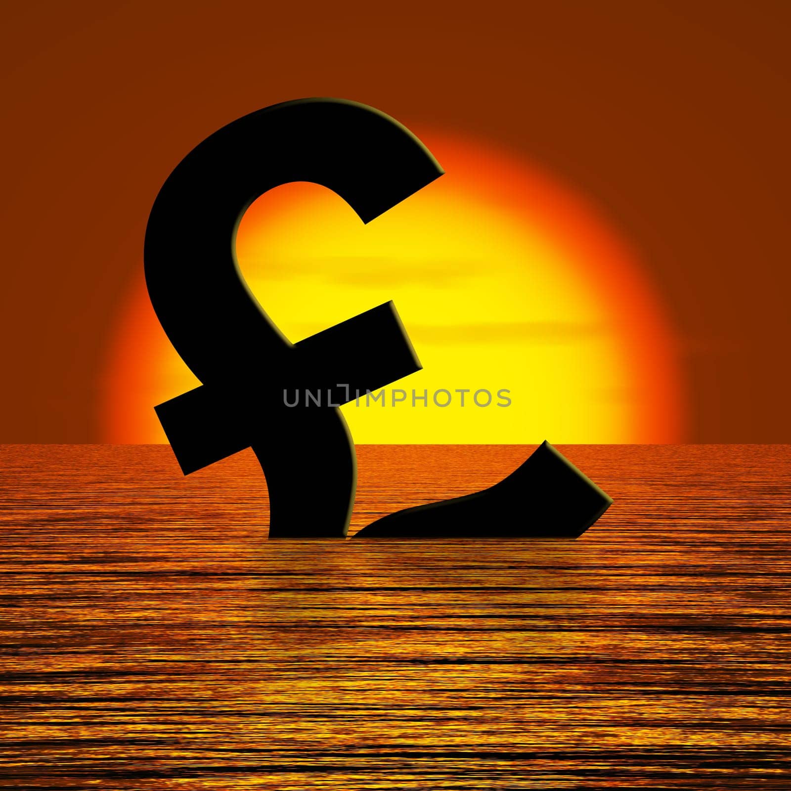 Pound symbol Sinking And Sunset Showing Depression Recession And Economic Downturns