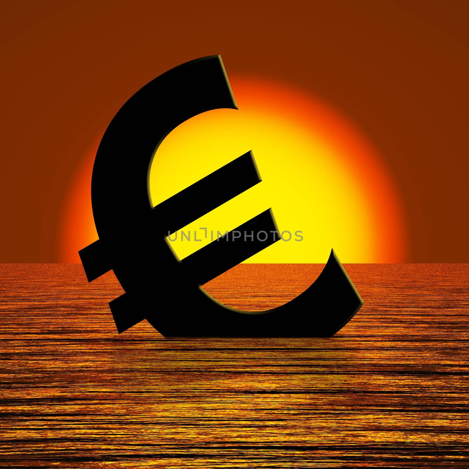 Euro Symbol Sinking And Sunset Showing Depression Recession And Economic Downturns