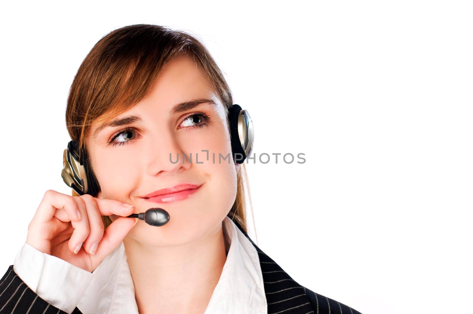 young brunette woman with headset close up