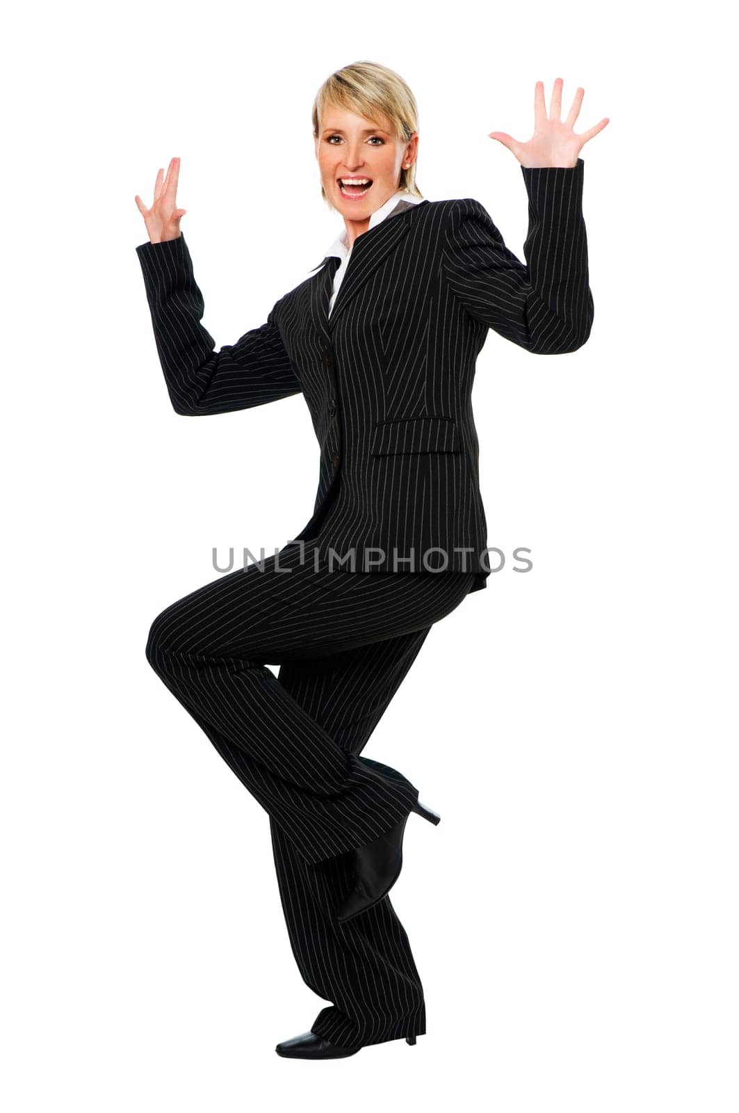 young happy blond business woman, isolated on white