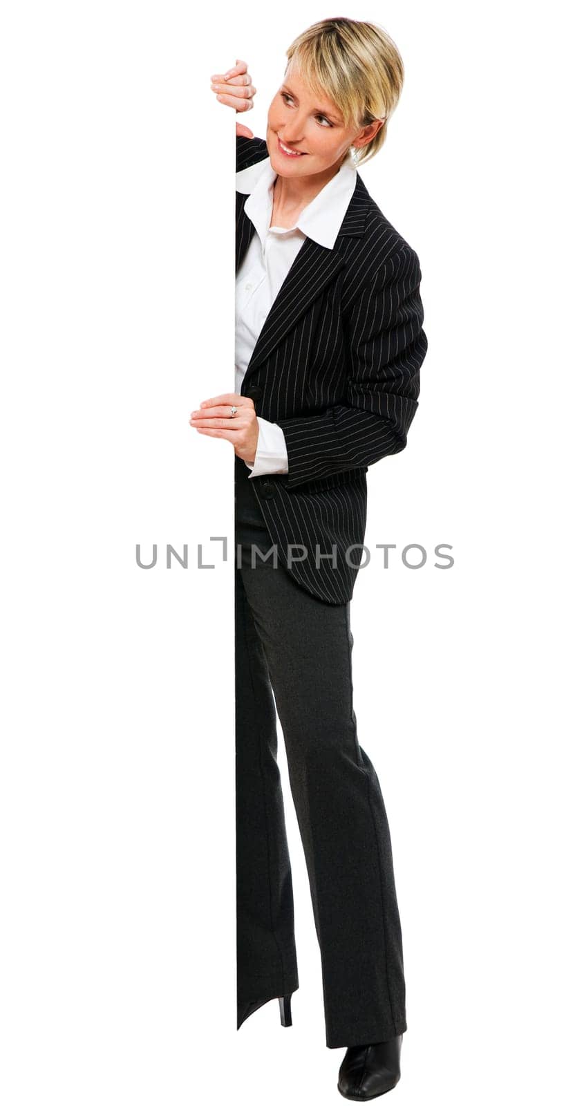 young business woman peaking isolated on white