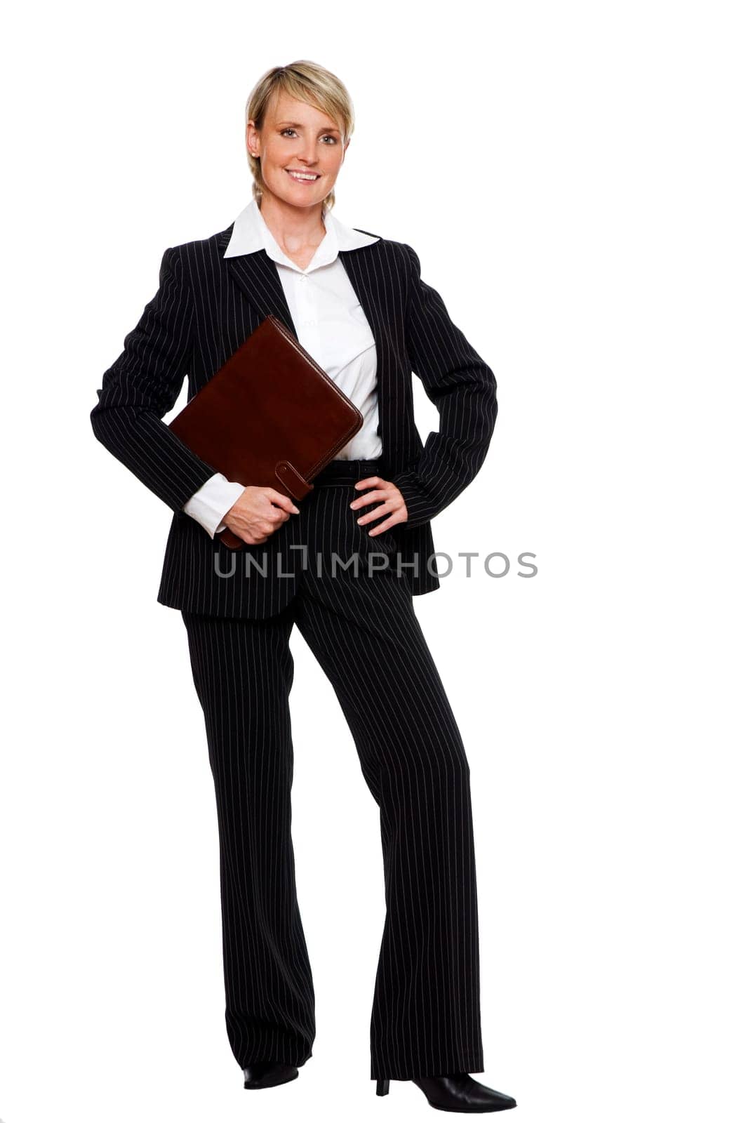 young happy blond business woman, isolated on white