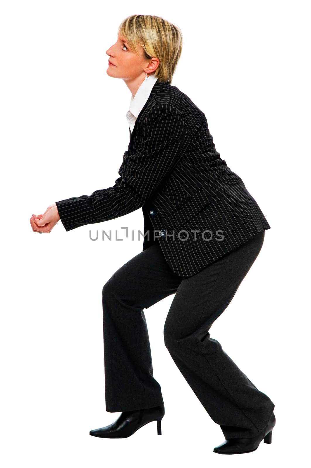 young business woman lifting something isolated on white