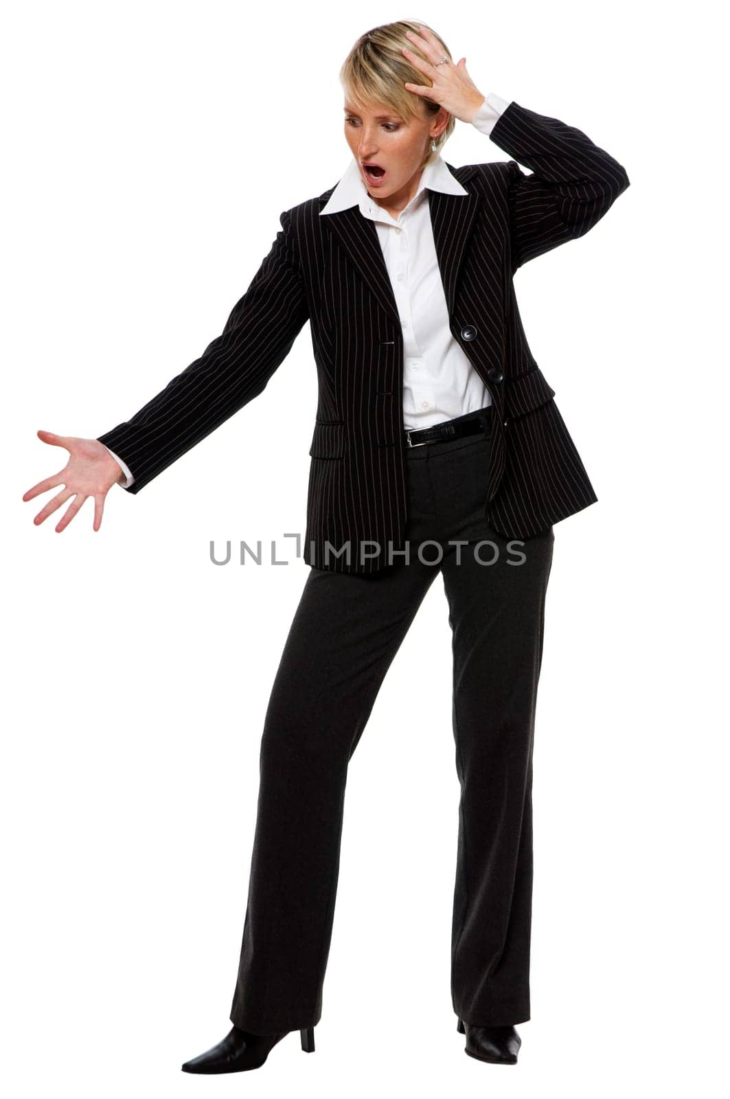 young blond business woman in stress on white