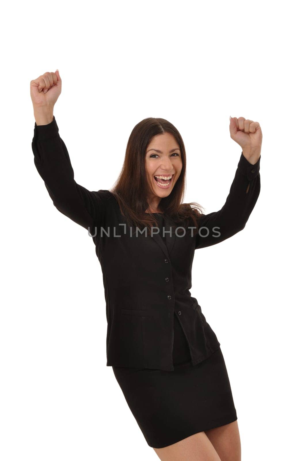 Successful pretty woman throws up her arms
