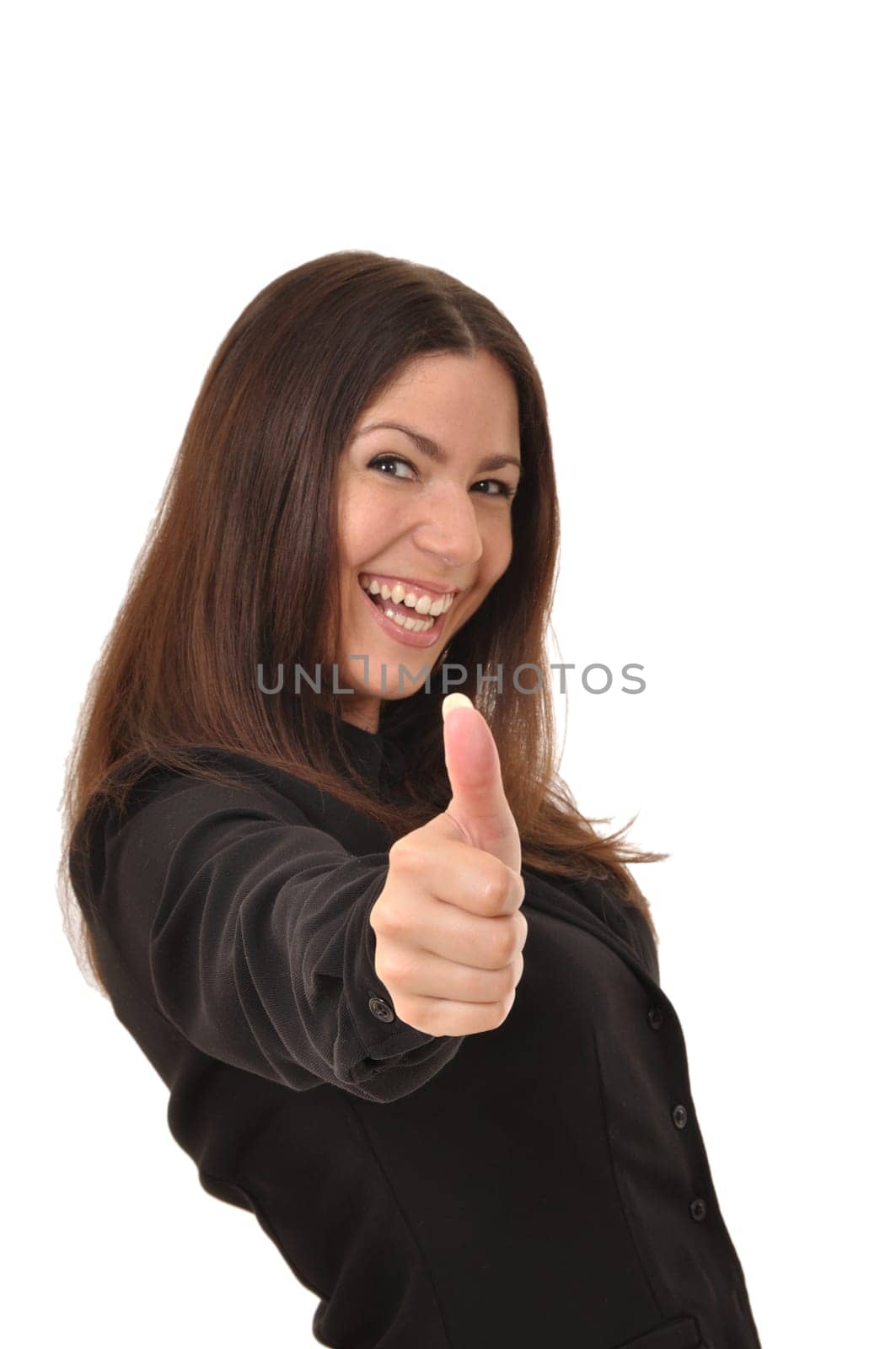 Cheerful pretty woman gives a thumbs up