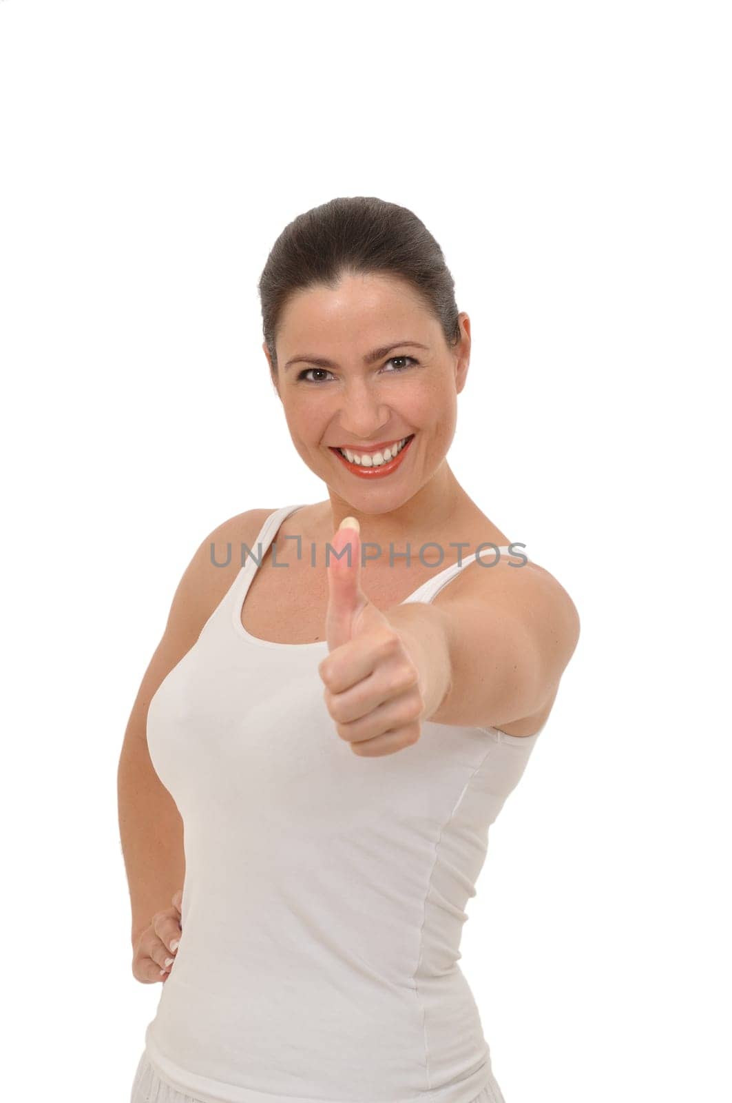 Woman in white top with thumbs up