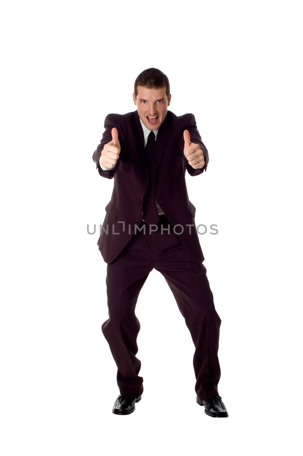 business men standing making happy expression on white