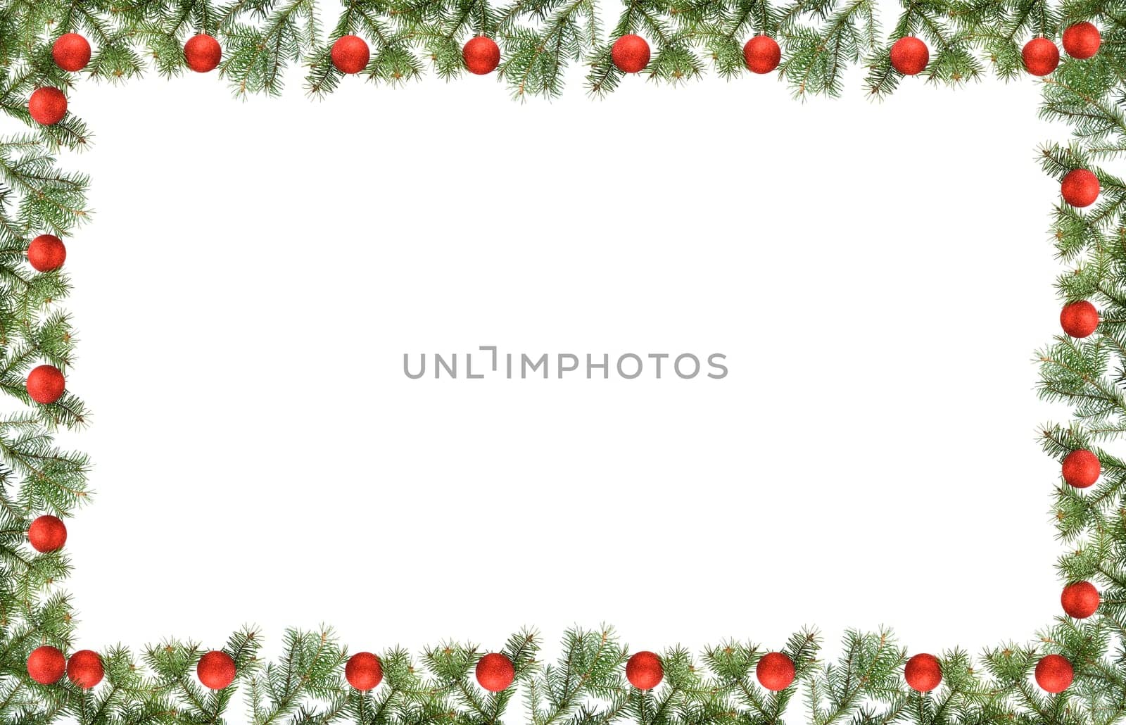 christmas frame made from pine branch and ornaments on white