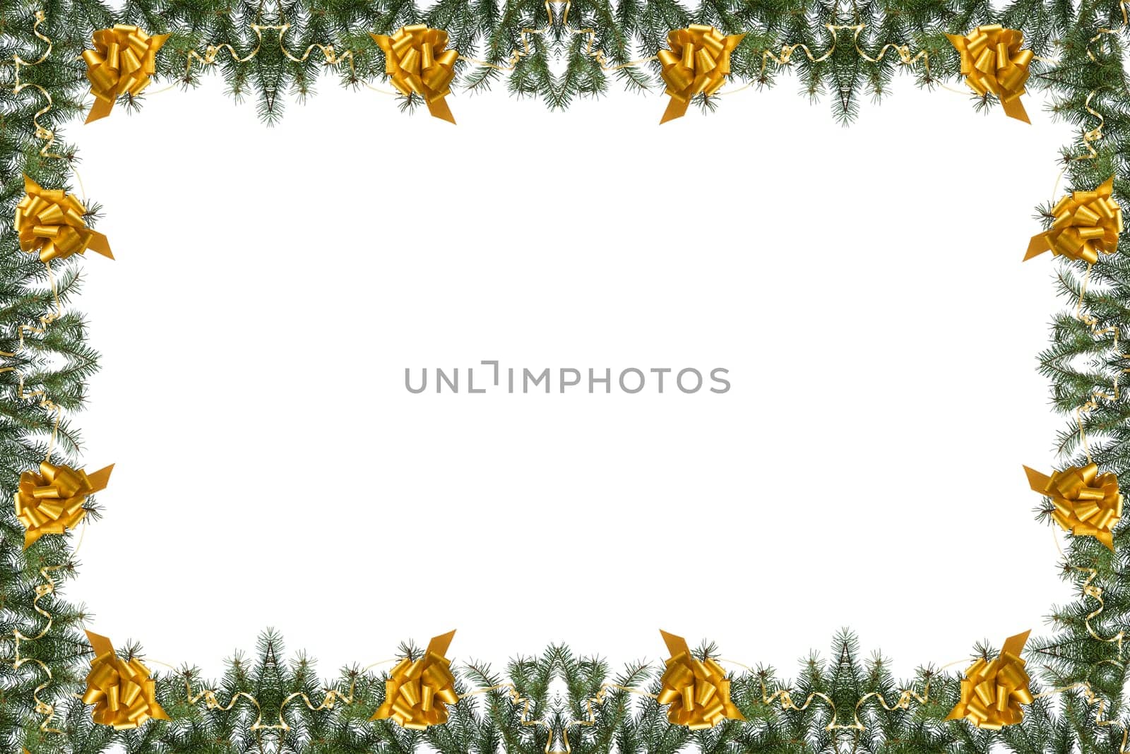 christmas frame made from pine branch and golden bow on white