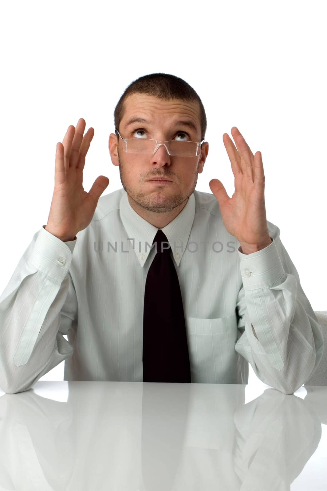 business men in stress looking up on white