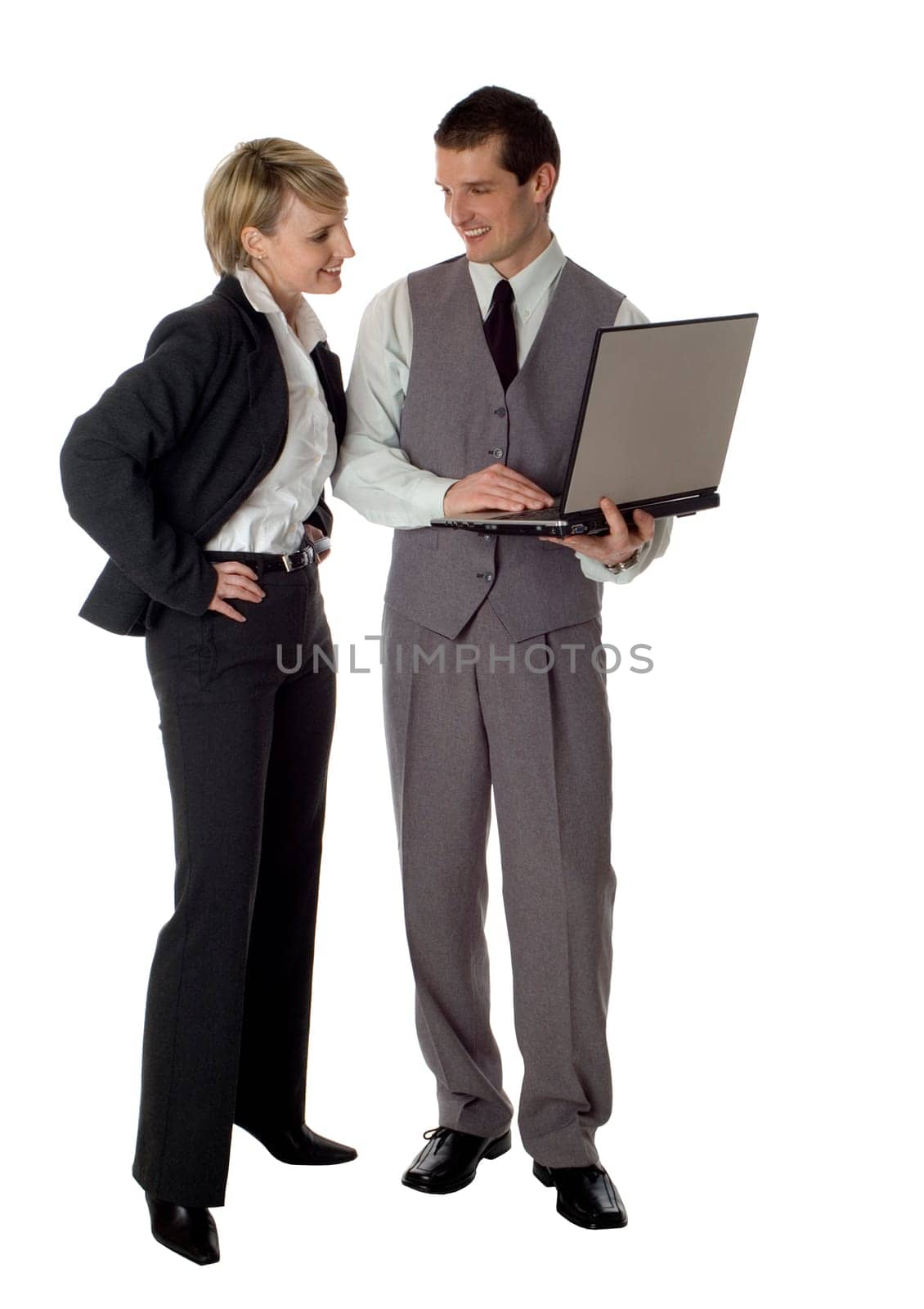 young business couple with laptop on white