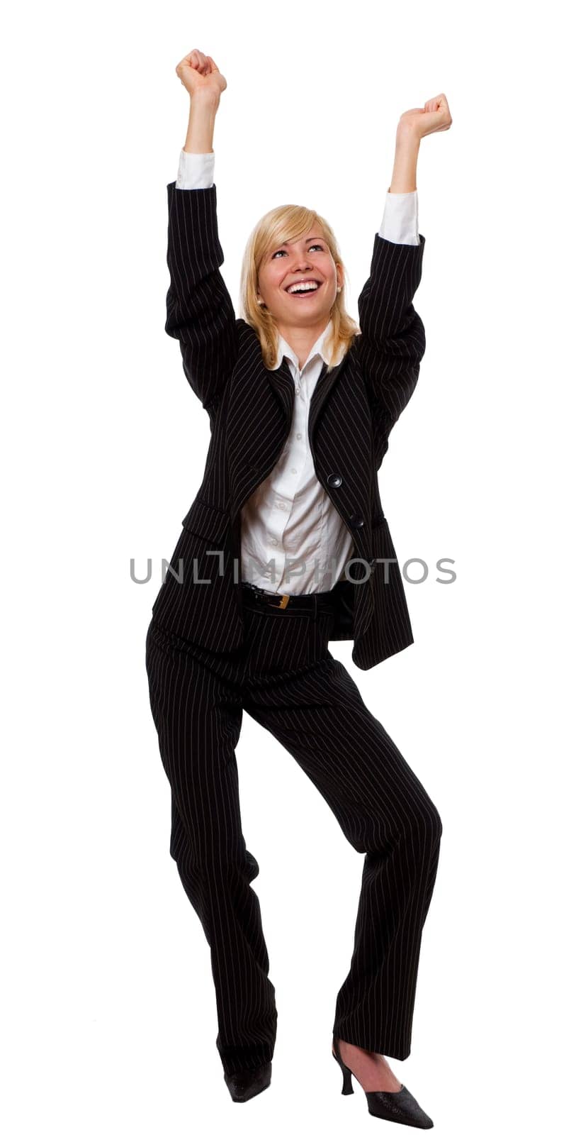 young happy blond business woman, isolated on white
