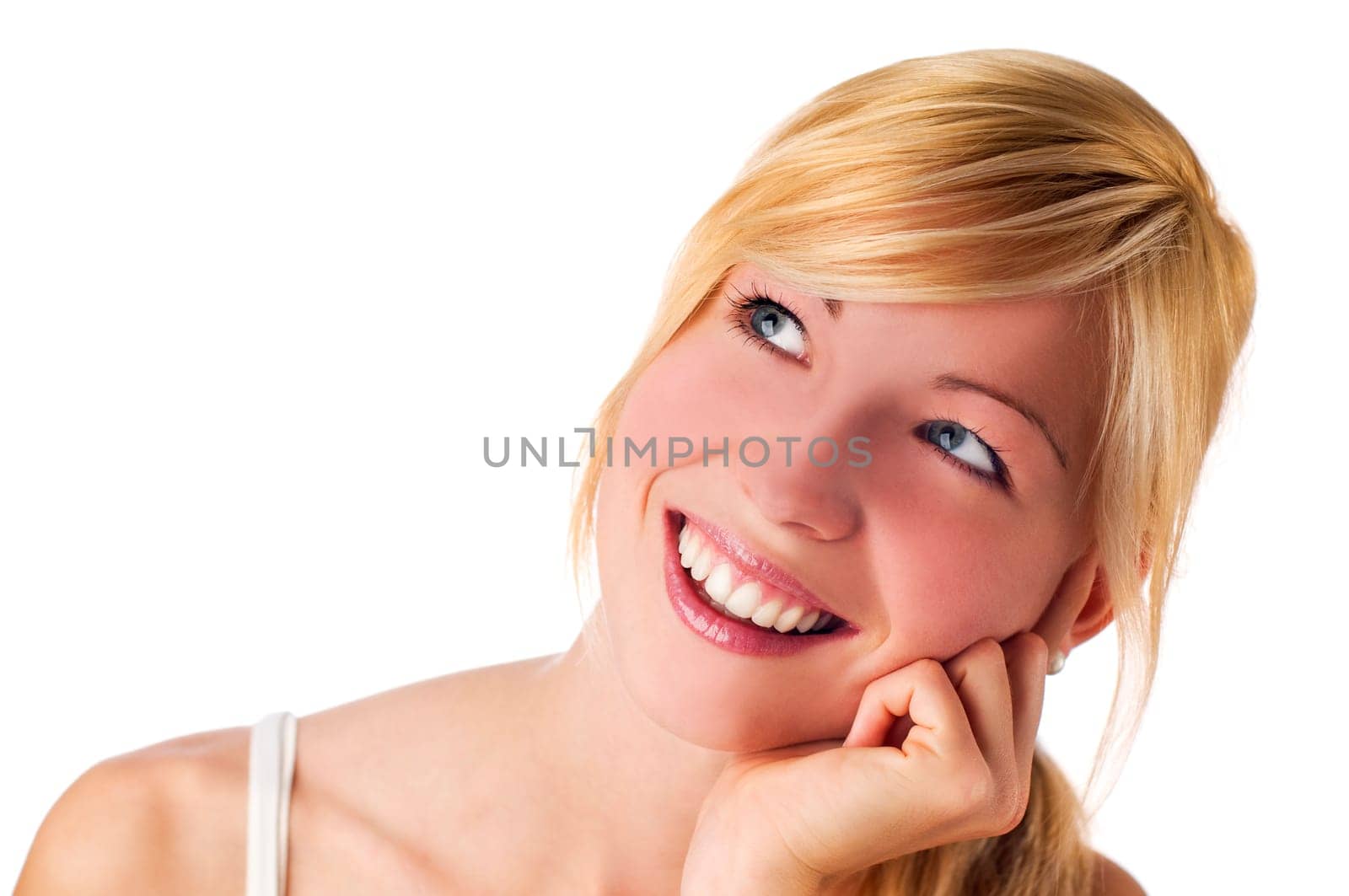 Young blond woman with blue eyes close up