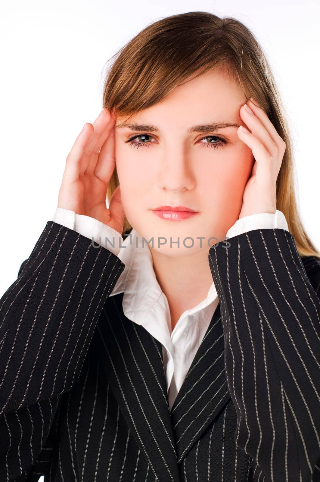young brunette business woman having headache close up