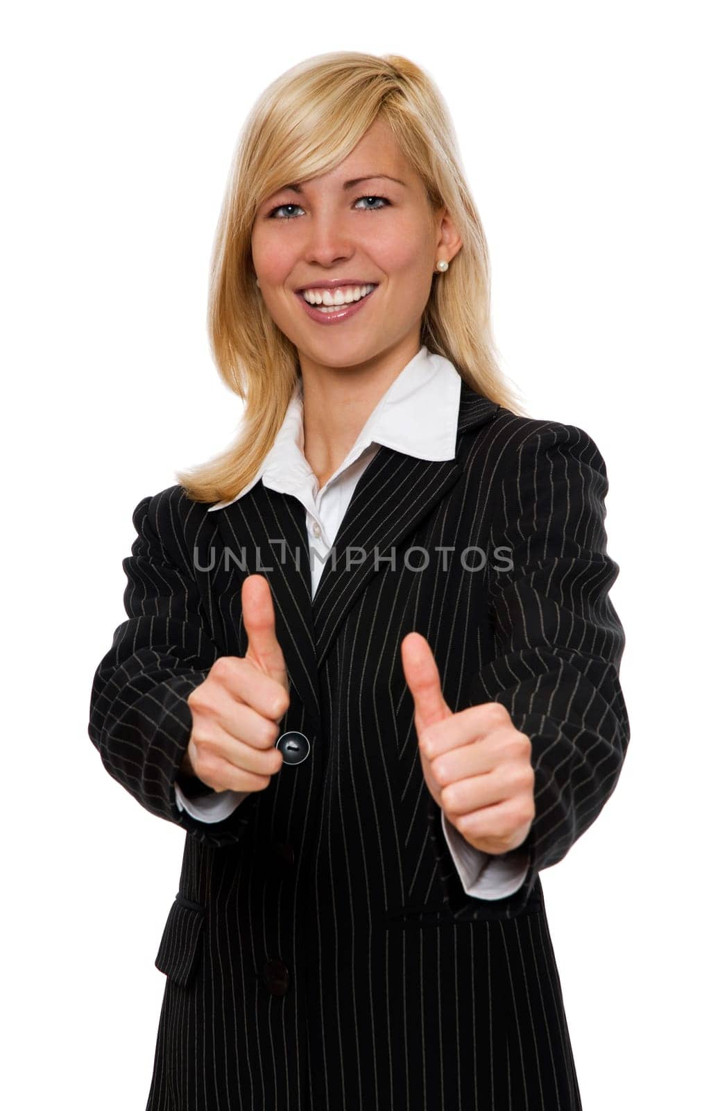 young happy blond business woman, isolated on white