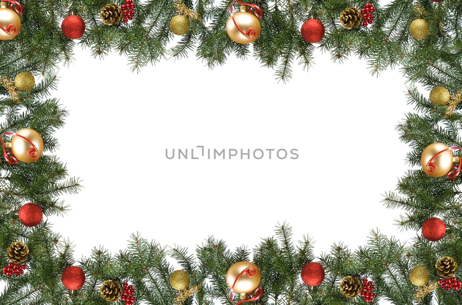 christmas frame made from pine branch and ornaments on white