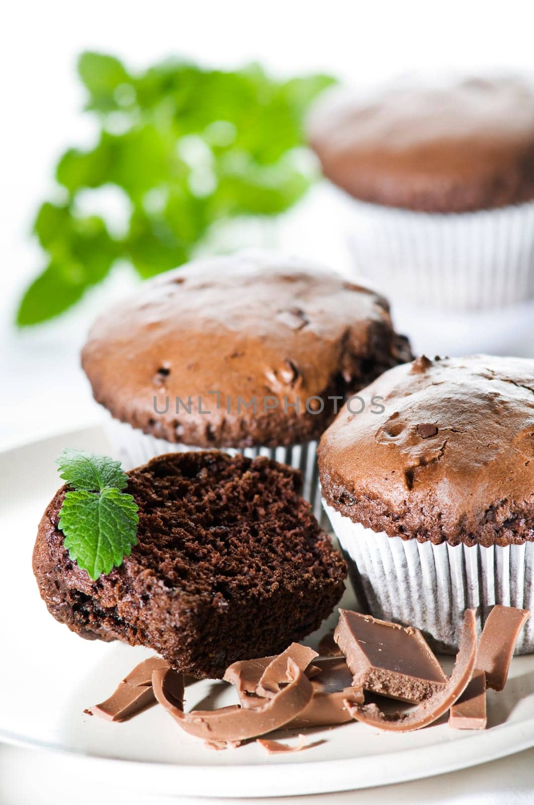 Chocolate muffin on a plate close up shoot