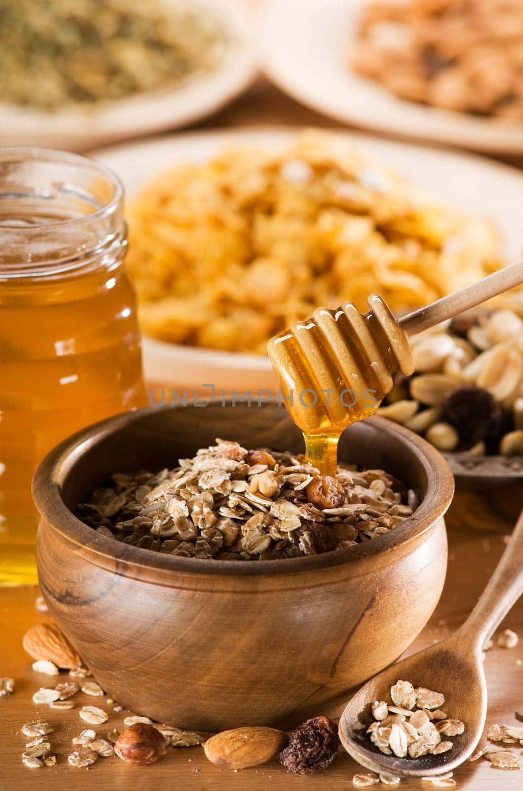 muesli with nuts and honey close up shoot