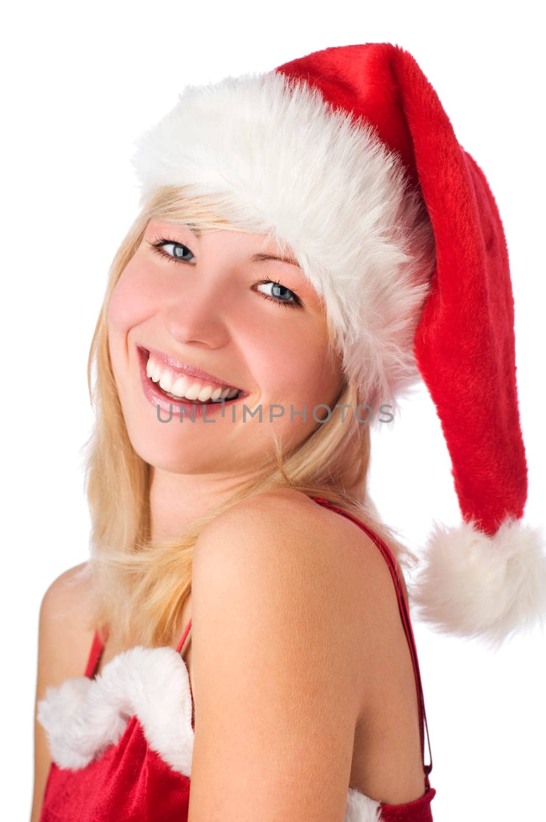 beautiful blond santa girl close up portrait