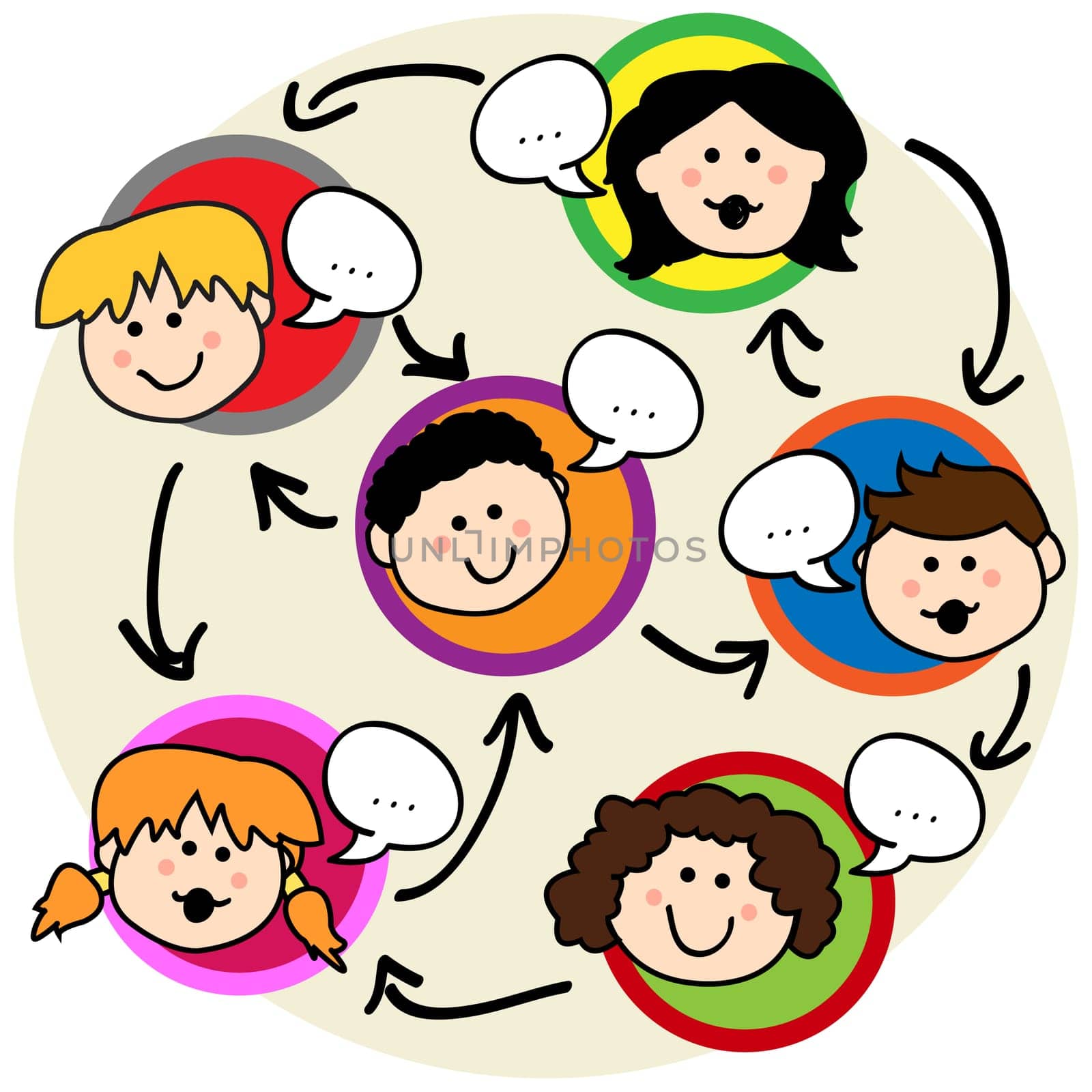 Social network concept: fun cartoon of kids talking and being interconnected