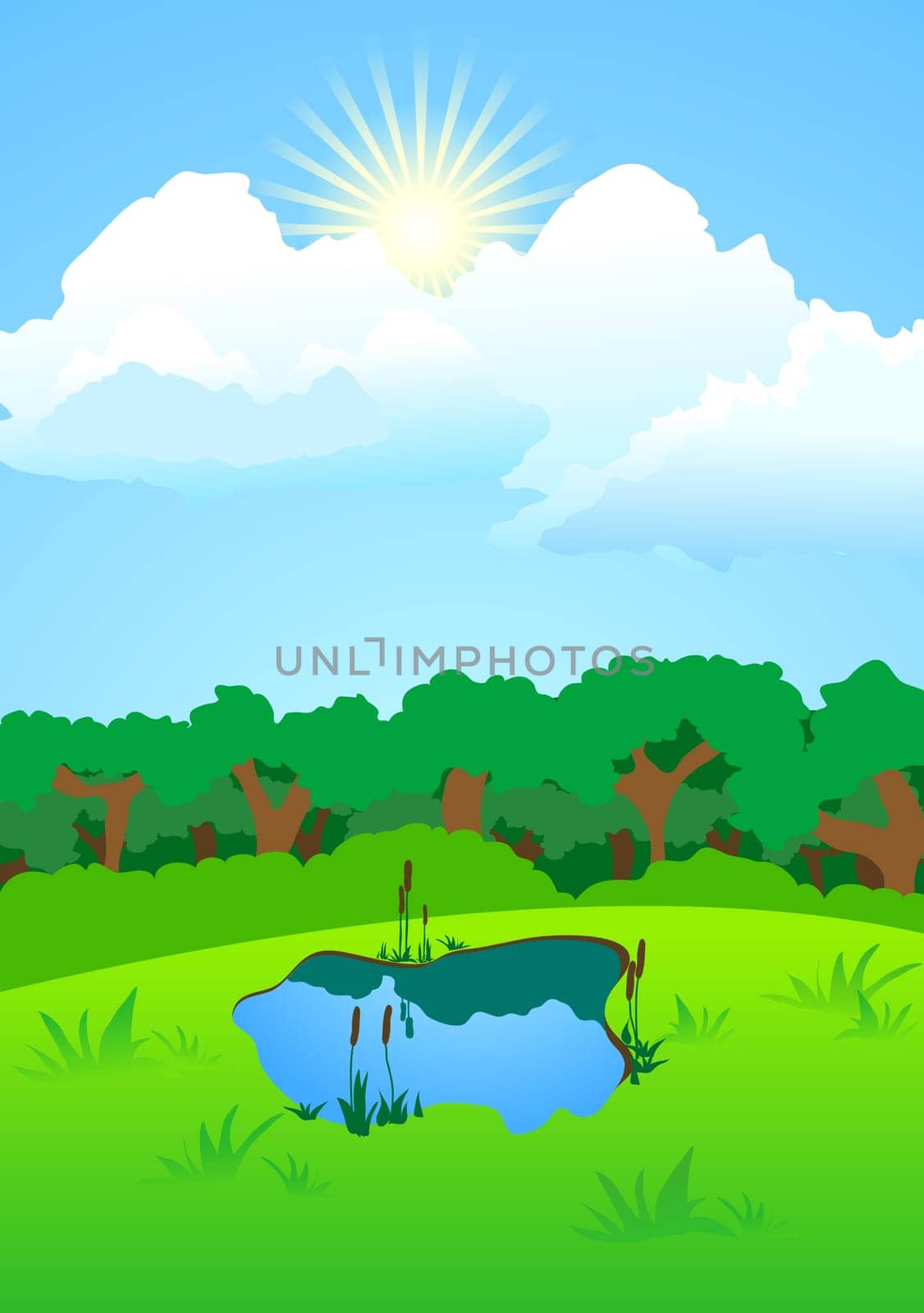Vector illustration of forest landscape with lake